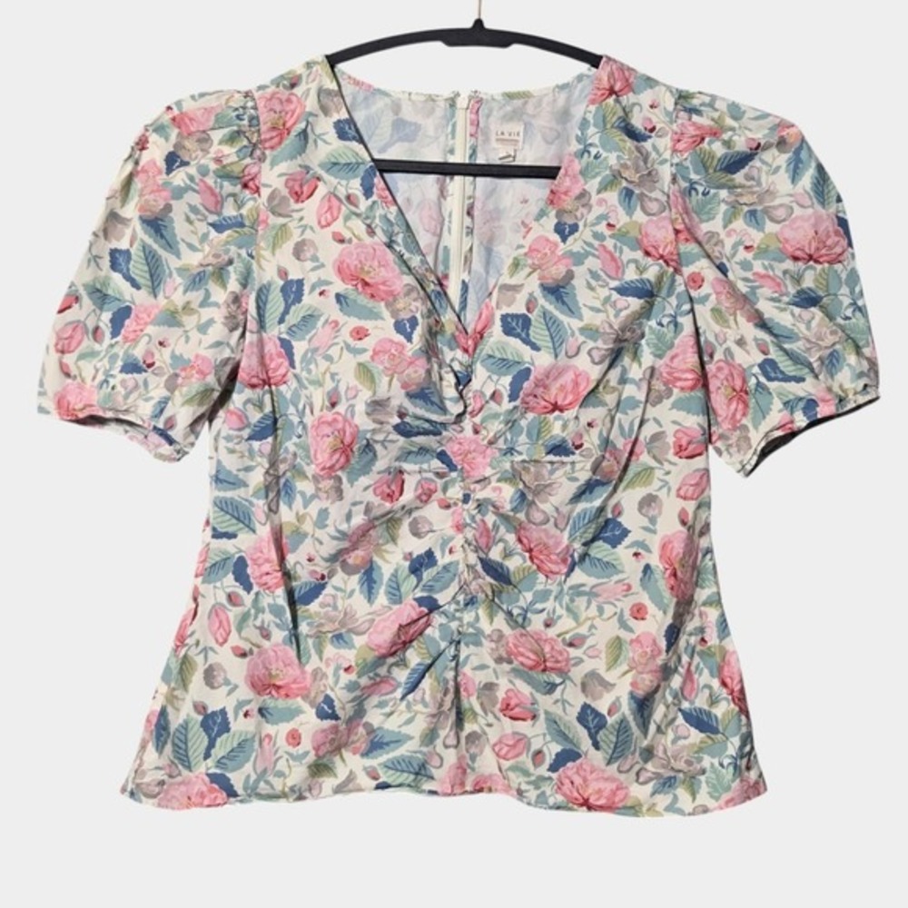 La Vie Rebecca‎ Taylor Painted Garden Floral Puff Sleeve Blouse L Cottagecore